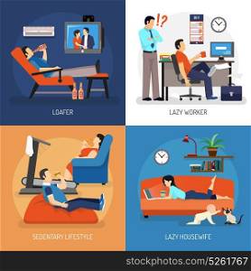 Lazy People Compositions. Lazy people at work and at home compositions including housewife on sofa sitting lifestyle isolated vector illustration