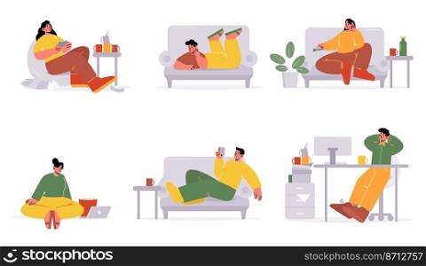 Lazy people relax and procrastination concept. Lazybones men and women lying or sitting on couch with gadgets, delay and postpone work, watching movie and tv set, Line art flat vector illustration. Lazy people relax and procrastination concept