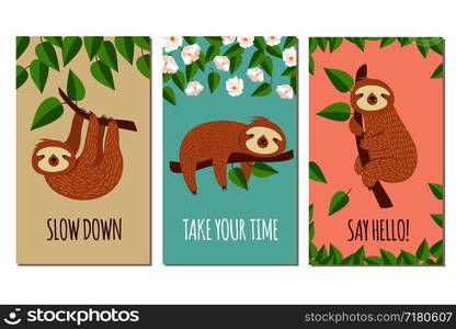 Lazy sloth. Cute slumbering sloths on branch. Child t shirt design or greeting cards vector set. Illustration of slumber animal, laziness and sleep on branch. Lazy sloth. Cute slumbering sloths on branch. Child t shirt design or greeting cards vector set