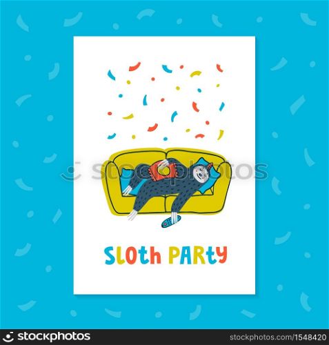 Lazy sloth party greeting card or invitation. Animal party. Cute sloth lying on the couch with TV remote and chips. Vector illustration. Animal party. Lazy sloth party. Cute sloth lying on the couch with TV remote. Vector illustration.
