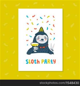 Lazy sloth party greeting card or invitation. Animal party. Cute sloth with champagne like the meme of the great gatsby. Vector illustration. Animal party. Lazy sloth party. Cute sloth with champagne