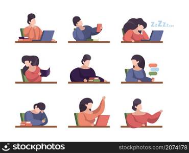 Lazy students. People in lecture room with laptop college persons studying sitting listening talking sleeping in university garish vector flat illustrations. Lazy student learn and bored. Lazy students. People in lecture room with laptop college persons studying sitting listening talking sleeping in university garish vector illustrations
