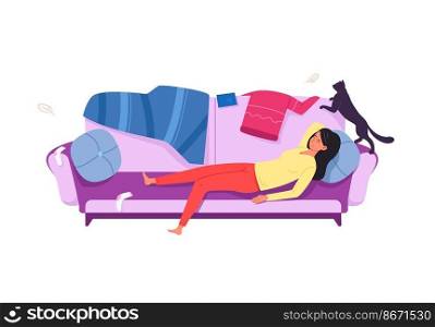 Lazy women on sofa. Apathetic indifferent girl among messy clothes, vector illustration isolated on white background. Lazy women on sofa. Apathetic indifferent girl among messy clothes, vector illustration