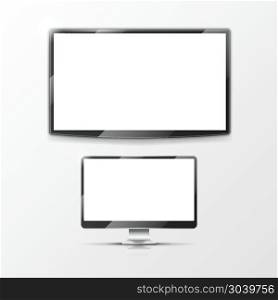 Lcd monitor, computer display and smart TV screen. Vector mockups. Lcd flat screen monitor, computer display and smart TV screen. Mockups flat screen set. Vector illustration