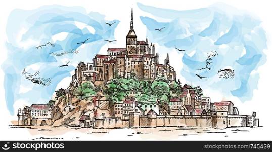 Le Mont Saint Michel ,France. Hand drawn sketch watercolor. illustration in vector