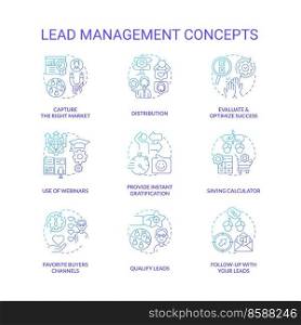 Lead management blue gradient concept icons set. Connect with buyers. Marketing strategy for business idea thin line color illustrations. Isolated symbols. Roboto-Medium, Myriad Pro-Bold fonts used. Lead management blue gradient concept icons set