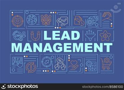 Lead management process word concepts dark blue banner. Business. Infographics with editable icons on color background. Isolated typography. Vector illustration with text. Arial-Black font used. Lead management process word concepts dark blue banner