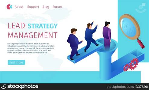 Lead Strategy Management Horizontal Flat Banner. Vector Illustration on Landing Page. Success Men in Business Suits Approach Funnel and Descend into Pipe, Near Magnifying Glass and Gears.. Lead Strategy Management Horizontal Flat Banner.