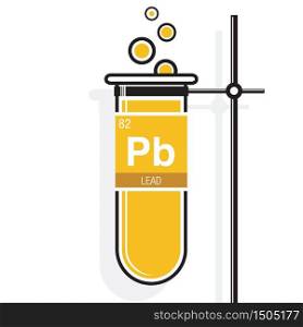 Lead symbol on label in a yellow test tube with holder. Element number 82 of the Periodic Table of the Elements - Chemistry