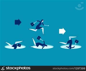 Leader avoiding pitfalls. Concept business vector business illustration. Flat character design, Trapped, Leadership, Cartoon business style.