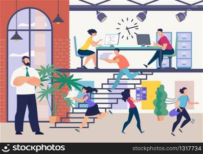 Leader Boss Chief, Executive Manager Controlling Office Work. People Coworkers Doing Job Fast, Rushing Finish Project. Director and Subordinates. Deadline. Time Management. Vector Flat Illustration. Boss Executive Manager Controlling Office Work