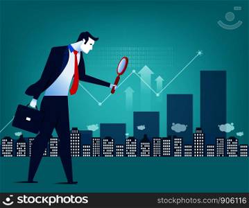 Leader businessman looking for inverstment opportunity. holding large magnifying glass. Concept business illustration. Vector flat