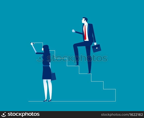 Leader is climbing career ladder. Concept business direction choice vector, Human drawing stairs