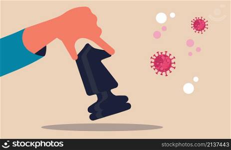 Leader money from pandemic battle. Business care and hand with chess piece attack vector illustration concept. Leadership thinking and fight with corona virus. People brave and financial competition