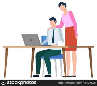 Leader of company checking programmer working on laptop. Man sitting by table using personal computer. Female character helping personage with working tasks. Isolated businessman or manager vector. Boss and Programmer Working on Laptop Business