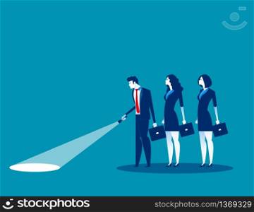 Leader with flashlight leading his colleagues to success. Concept business vector illustration, Teamwork.