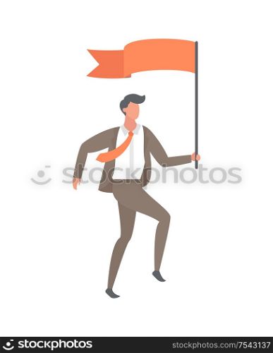 Leader with red flag in cartoon style vector isolated on white. Businessman in brown suit, person achieving goal with trophy in hands, leadership concept. Leader with Red Flag Cartoon Style Vector Isolated