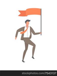 Leader with red flag in cartoon style vector isolated on white. Businessman in brown suit, person achieving goal with trophy in hands, leadership concept. Leader with Red Flag Cartoon Style Vector Isolated