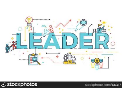 Leader word in business leadership concept, word lettering design illustration with line icons and ornaments in blue theme