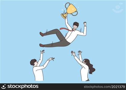 Leadership and celebrating success concept. Business team colleagues holding and pulling their leader man on hands with golden trophy for first prize vector illustration . Leadership and celebrating success concept.