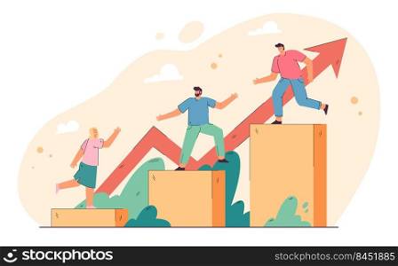 Leadership and teamwork concept. Team leader helping employees wot walk upstairs. Employees giving hands to each others and climbing on top of growing diagram
