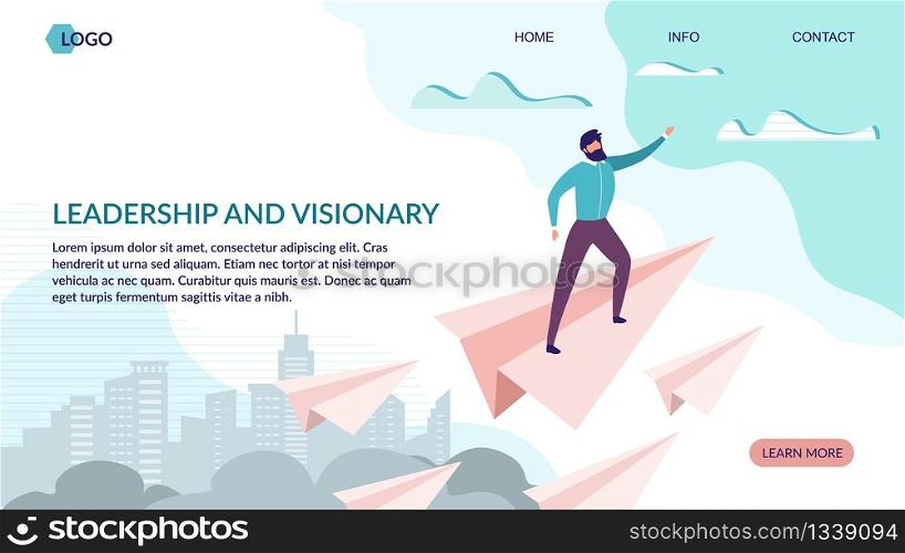Leadership and Visionary Landing Page Flat Design. Business Strategy Aimed on Success. Office Worker Flying on Paper Plane. Mission, Objectives and Searching New Opportunities. Vector Illustration. Leadership and Visionary Landing Page Flat Design