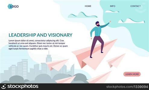 Leadership and Visionary Landing Page Flat Design. Business Strategy Aimed on Success. Office Worker Flying on Paper Plane. Mission, Objectives and Searching New Opportunities. Vector Illustration. Leadership and Visionary Landing Page Flat Design