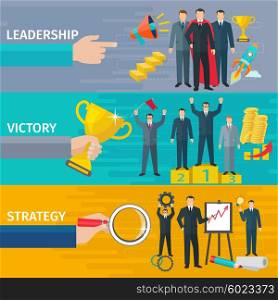 Leadership Banners Set. Business leadership horizontal banners set with victory and strategy symbols flat isolated vector illustration