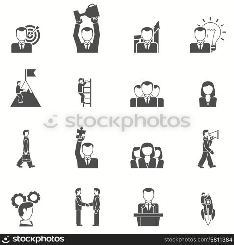 Leadership black white icons set. Leadership and startup icons set with puzzle cup and target black white flat isolated vector illustration
