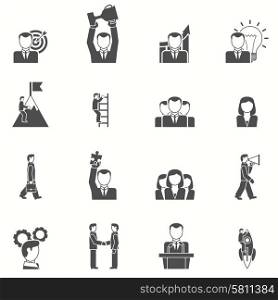 Leadership black white icons set. Leadership and startup icons set with puzzle cup and target black white flat isolated vector illustration
