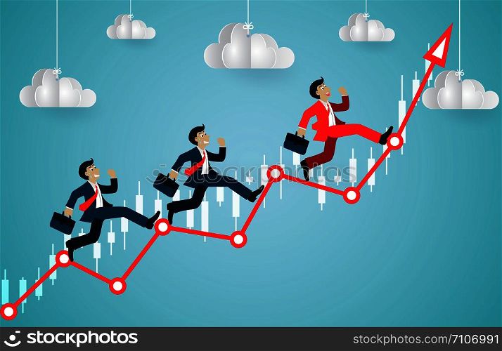 Leadership concept. Businessman running competition on arrow red up to sky. go to success goal. business finance concept. creative idea. illustration cartoon vector