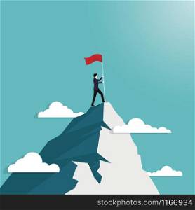 Leadership concept. Businessman standing hold flag conquering top of mountain. Symbol of successful, Career, Achieve. Vector illustration flat