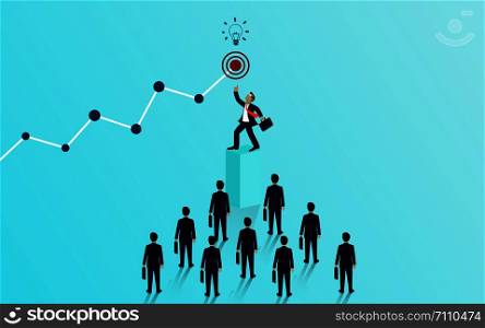 leadership concept. Businessman stands pointing his hand at the graph line to achieve the goal of the highest and succeed financial. vector illustration.