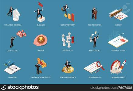Leadership concept icons isometric set of isolated images human characters and planning signs with text captions vector illustration