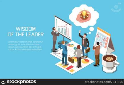 Leadership concept isometric background with group of workers thought bubbles calendar planning boards and editable text vector illustration