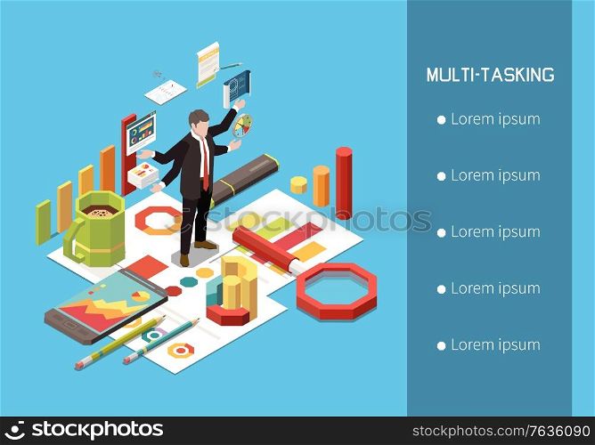 Leadership concept isometric background with text options list and human characters with graphs and workplace elements vector illustration