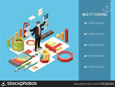 Leadership concept isometric background with text options list and human characters with graphs and workplace elements vector illustration