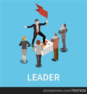 Leadership concept isometric composition with text and human characters of team workers surrounding man with flag vector illustration