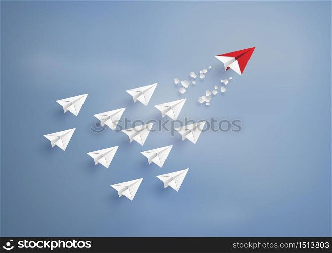 leadership concept with red and white paper plane on blue sky.paper art style.