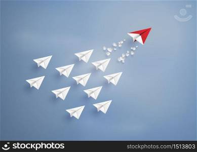 leadership concept with red and white paper plane on blue sky.paper art style.