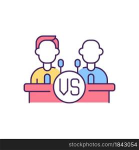 Leadership conflict RGB color icon. Political leaders debating on tribune. Public speakers competing. Discussion on conference. Isolated vector illustration. Simple filled line drawing. Leadership conflict RGB color icon