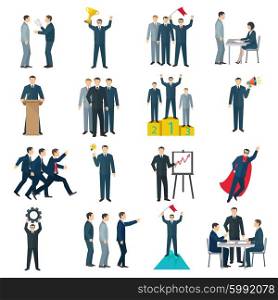 Leadership Flat Color Icons . Leadership flat color icons set with discussion idea leader negotiations public performance isolated vector illustration