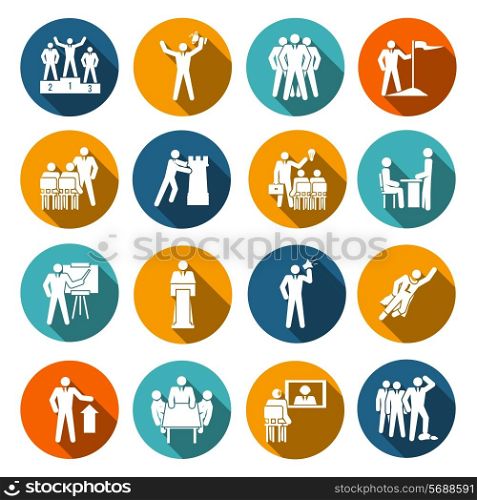 Leadership flat icons set with conference manager report planning isolated vector illustration