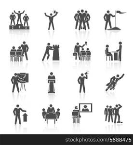 Leadership global organization partnership and group working icons black set isolated vector illustration
