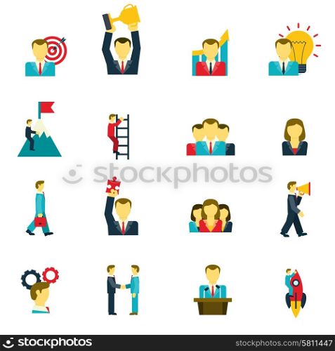 Leadership icons set . Leadership and success in business life and at work icons set flat isolated vector illustration