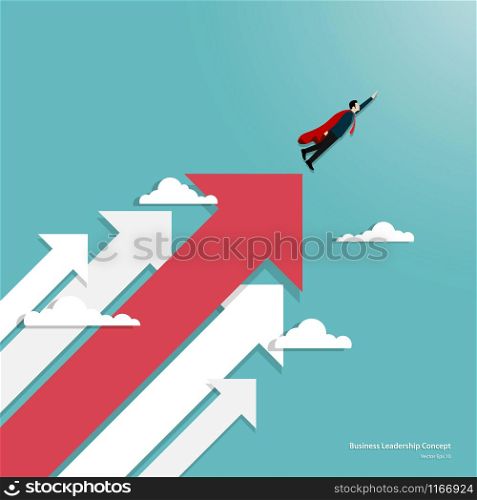 Leadership in business concept. Business man character flying through sky. Arrow, Achievement, Motivation, Ambition. Eps10 vector illustration
