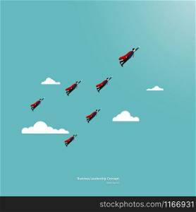 Leadership in business concept. Business man character flying through sky. Teamwork, Achievement, Motivation, Ambition. Eps10 vector illustration