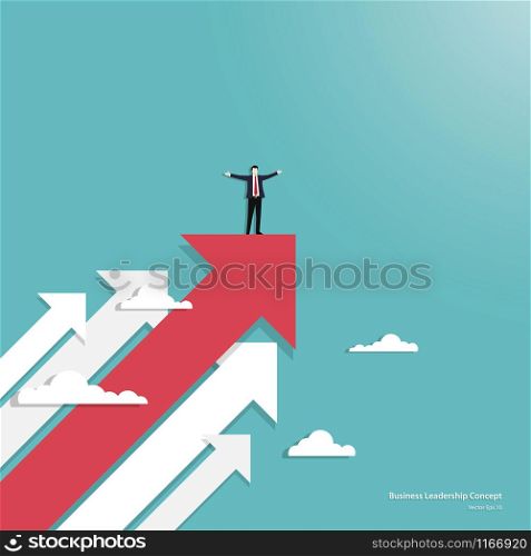 Leadership in business concept. Business man character stand on red arrow shot up through sky. Achievement, Motivation, Ambition. Eps10 vector illustration