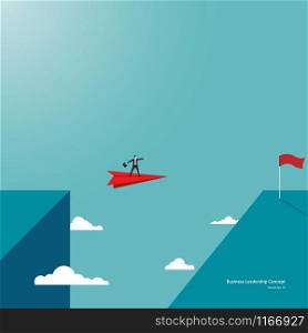 Leadership in business concept. Businessman flying on paper plane reach the other side of the cliff, Achievement, Motivation, Ambition. Eps10 vector illustration