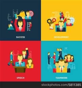 Leadership in business icons set. Leadership in business icons set with development teamwork speeches and success flat isolated vector illustration